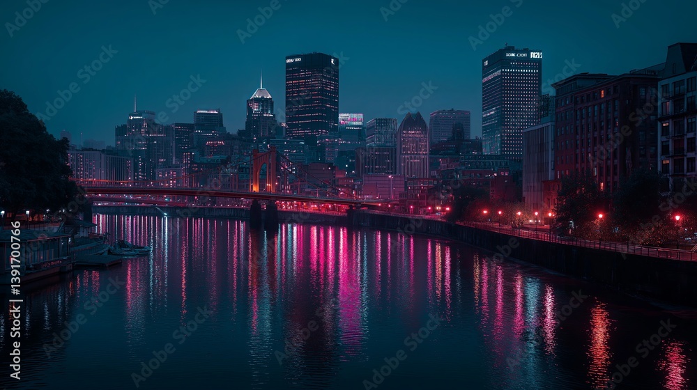 Naklejka premium A vibrant city skyline at dusk, with neon lights reflecting on a glass river