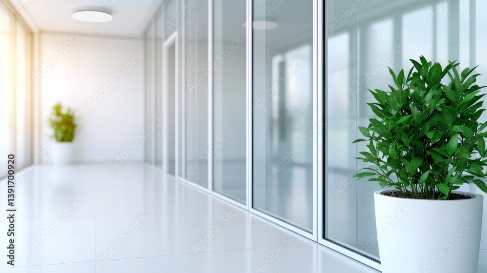 Fototapeta premium Modern Office Interior with Potted Plant and Glass Walls in Professional Environment