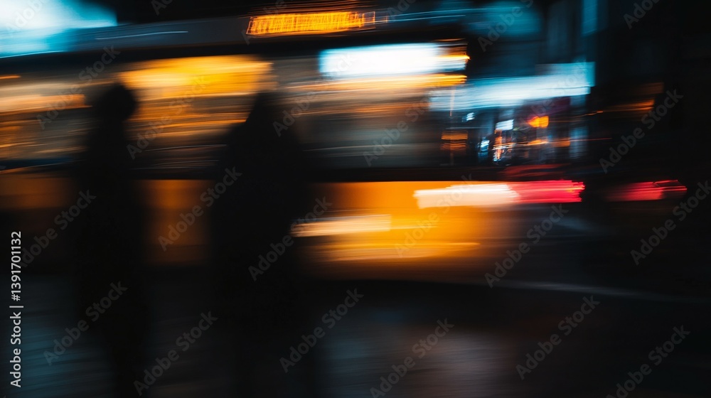 Blurred figures walk on a street at night with colorful lights. Blurred figures walk on a street at night with colorful lights.