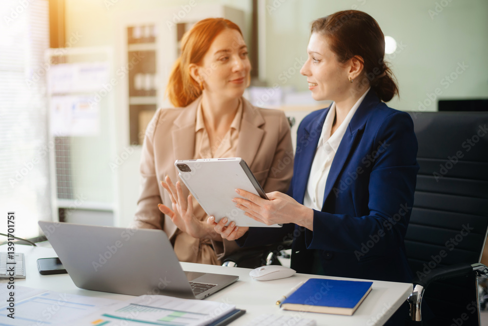 Businesswoman leading team meeting and using tablet and laptop computer with financial Businesswoman leading team meeting and using tablet and laptop computer with financial