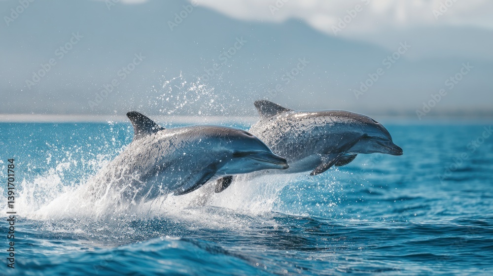 Dolphins Leaping From Ocean Water in Tandem with Mountains in Background Dolphins Leaping From Ocean Water in Tandem with Mountains in Background