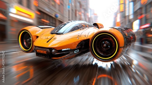 Retro-futuristic spaceship with neon engines flying over a cyber city