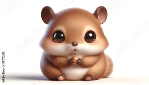 Small baby agouti with brown fur and shiny eyes holding a nut in adorable 3D style on white background