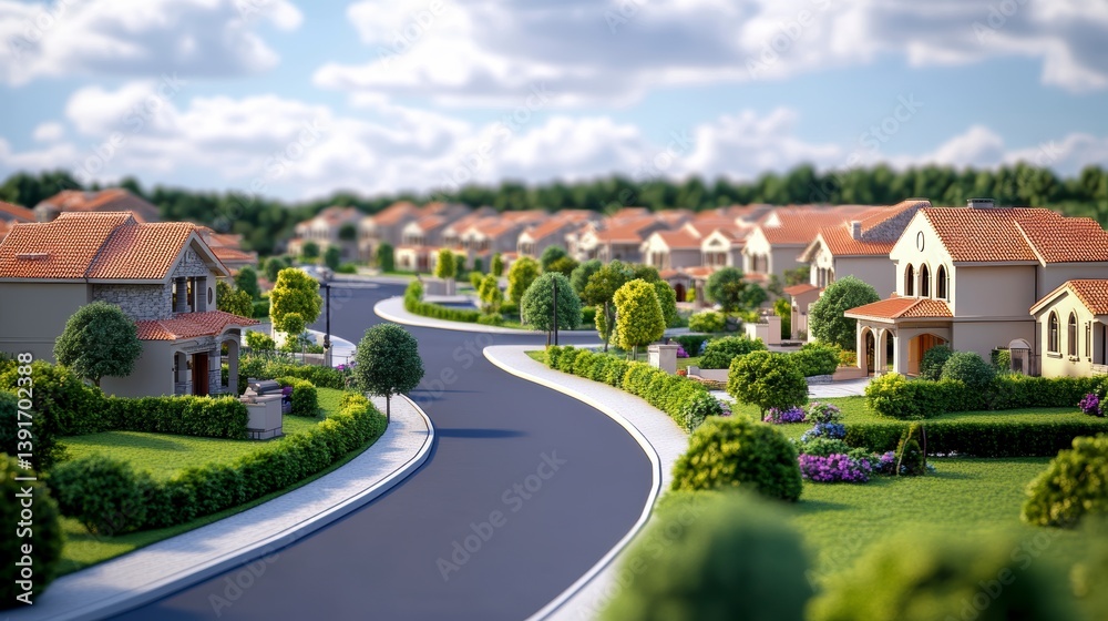 Obraz premium Picturesque Suburban Neighborhood with Terracotta Roof Houses on a Sunny Day