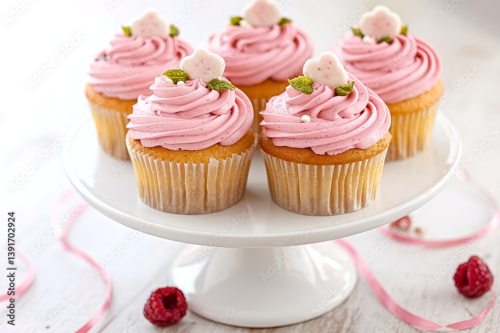 Vanilla cupcakes with pink raspberry frosting for a girl birthday or baby shower Vanilla cupcakes with pink raspberry frosting for a girl birthday or baby shower