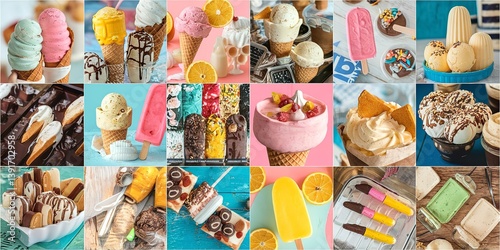 Variety of ice cream, pops and cold desserts collage