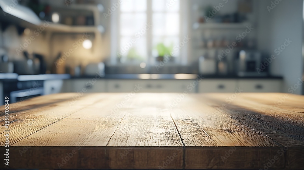 Wooden counter in front of a blurred modern kitchen backdrop, ideal for showcasing kitchen items or food products in a clean, inviting space. Wooden counter in front of a blurred modern kitchen backdrop, ideal for showcasing kitchen items or food products in a clean, inviting space.