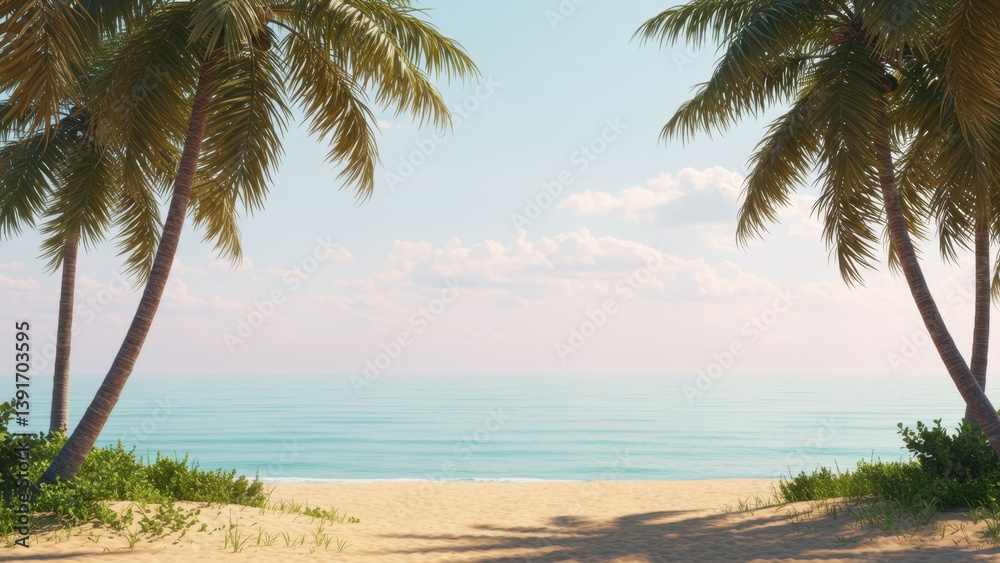 Fototapeta premium Serene beach with palm trees, turquoise water, and golden sand. Coastal paradise.