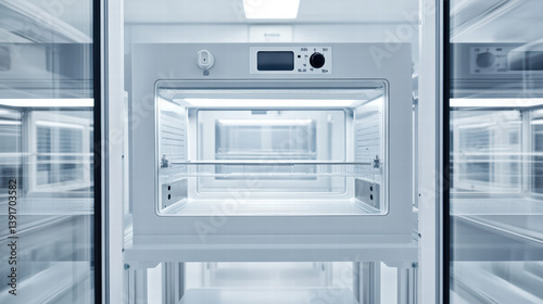 Wallpaper Mural Cleanroom Pass-Through Chamber: A pristine, stainless steel pass-through chamber in a modern cleanroom facility, showcasing advanced technology and meticulous cleanliness. Torontodigital.ca