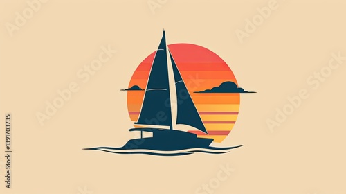 A simple flat vector logo depicting the side view silhouette of an elegant catamaran with its sail down, the sun setting behind it