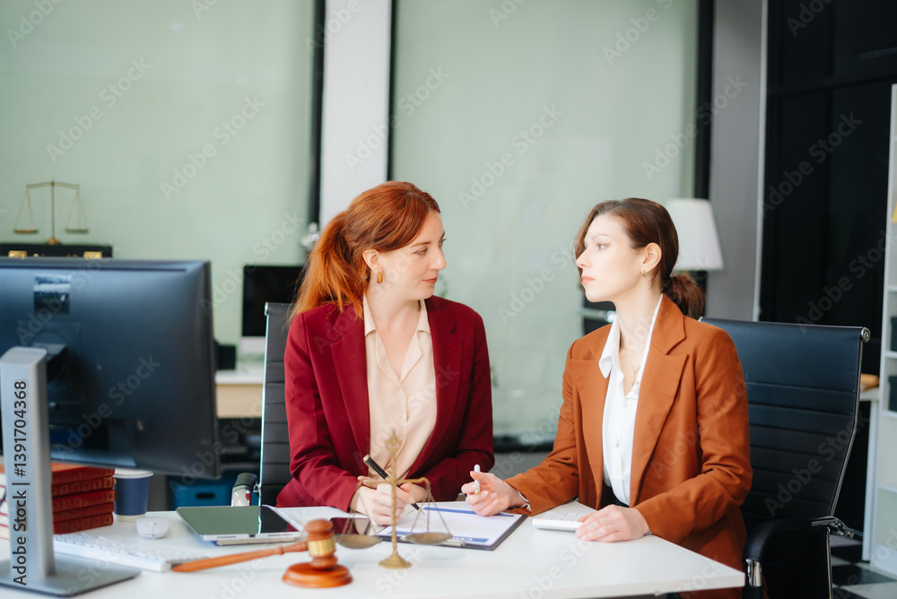 Fototapeta premium Professional female lawyers consulting on legal cases in a modern office. Perfect for law, business, justice