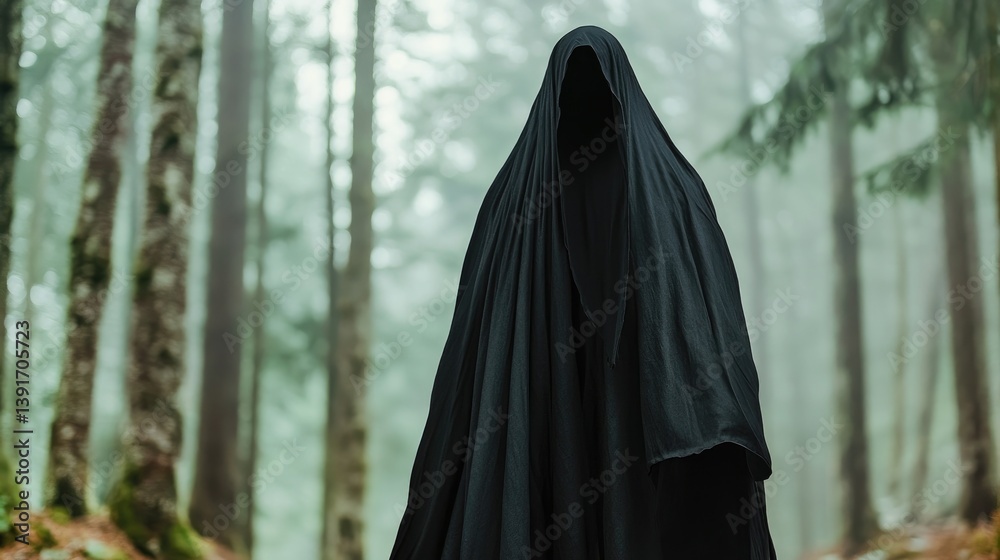 Soft-focus close-up of a long flowing cloak, blending into the misty forest background, mystical atmosphere Soft-focus close-up of a long flowing cloak, blending into the misty forest background, mystical atmosphere