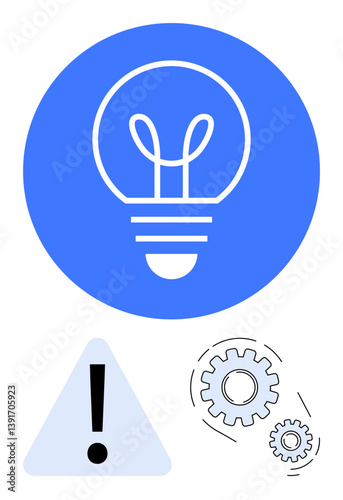 Light bulb with gears and warning sign illustrating innovation, caution, and efficiency. Ideal for creativity, planning, problem-solving, technology, innovation safety workflow. Flat simple