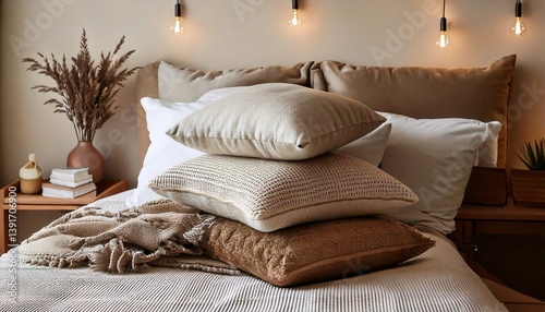 A bed with a white comforter and brown pillows. The pillows are stacked on top of each other, creating a cozy and inviting atmosphere. The bed is surrounded by a few books and a vase