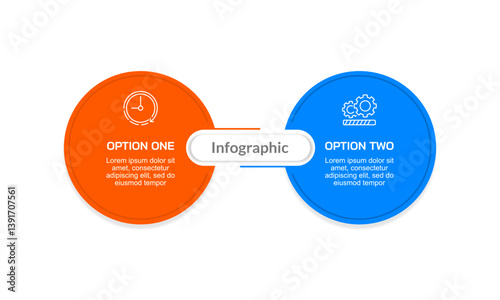 Infographic 2 options compare circle red and blue color help decision making in business management. Presentation, report, data and strategy. Vector illustration.