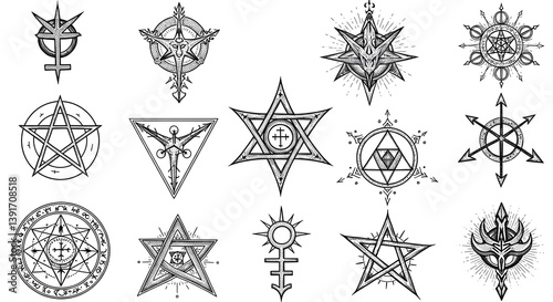 Collection of 15 Intricate Hand-Drawn Occult and Mystical Symbols: Pentagrams, Stars, and Sigils for Tattoo Inspiration and Design photo