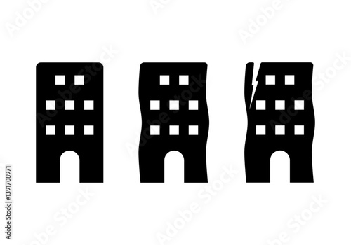 Black building shaking earthquake icon flat vector design