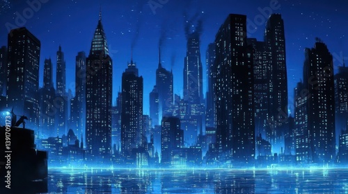 Futuristic city skyline at night by the water  possible use for a sci-fi movie poster or digital art print