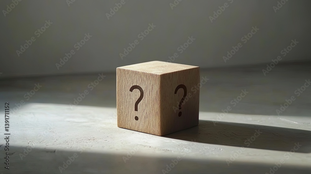 Wooden Cube with Question Mark in Soft Light Wooden Cube with Question Mark in Soft Light