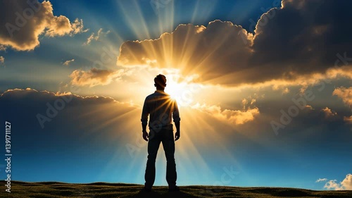 silhouetted man gazing at dramatic sunset sky with light rays; concept of inspiration and personal growth