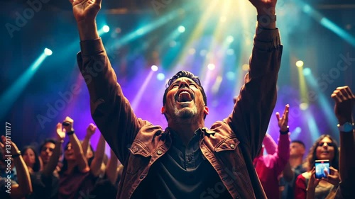 Enthusiastic and relogious man with raised hands in front of cross and people in the church during worship service
