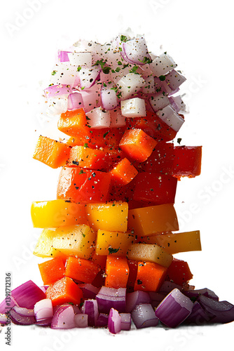 Fresh diced vegetables falling in mid-air on transparent background, high resolution cooking ingredient perfect for food photography, recipe illustration and culinary art