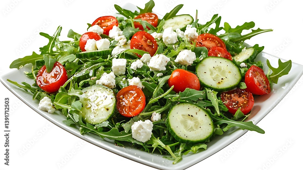 A salad with cucumbers, tomatoes, and feta cheese on a white plate A salad with cucumbers, tomatoes, and feta cheese on a white plate