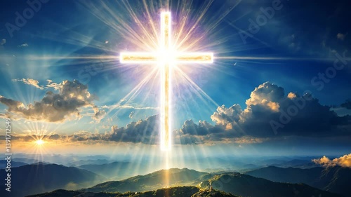 Heavenly Cross,  divine cross glowing brightly with rays of sun in a dramatic, swirling cloudscape. A symbol of faith, hope, and spirituality. The serene scene captures the essence of peace and belief