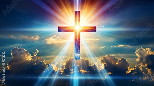 Heavenly Cross,  divine cross glowing brightly with rays of sun in a dramatic, swirling cloudscape. A symbol of faith, hope, and spirituality. The serene scene captures the essence of peace and belief