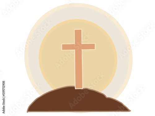 Illustration of a landscape with light shining from a cross stuck in the ground