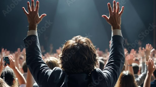 Enthusiastic and relogious man with raised hands in front of cross and people in the church during worship service