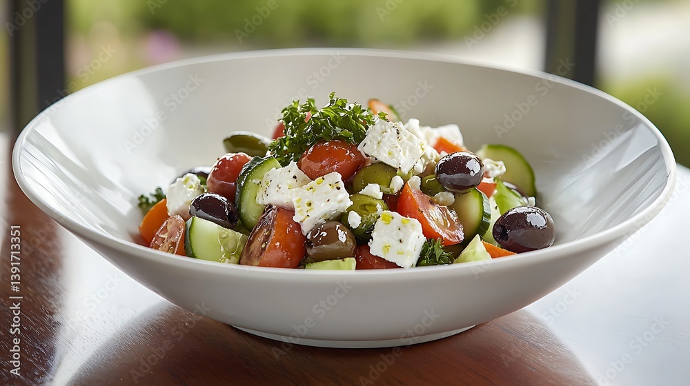 A bowl of salad with tomatoes, cucumbers, and olives A bowl of salad with tomatoes, cucumbers, and olives