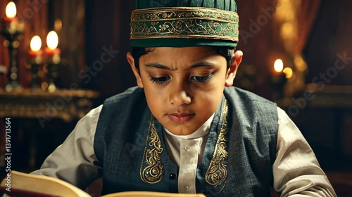 young boy reading in ornate arabian muslim traditional clothing studying and reding holy book by candlelight; concept of education heritage, faith and culture