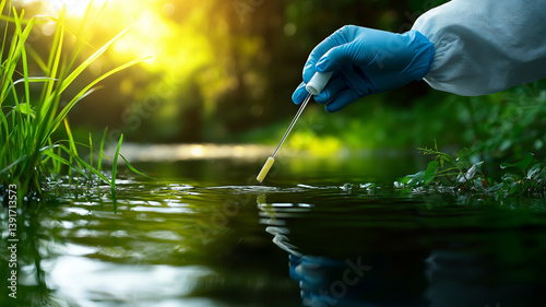 person protective gloves collects water sample from serene stream, surrounded by lush greenery and sunlight filtering through trees. This scene highlights importance of water quality testing and