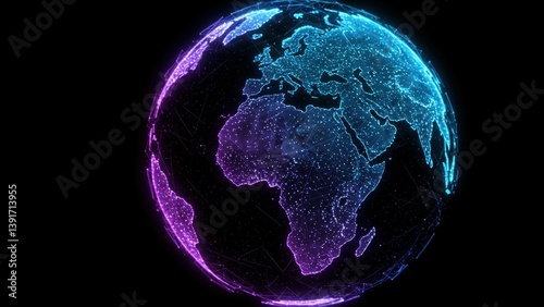 A digital globe illustration with a blue and purple neon color scheme.