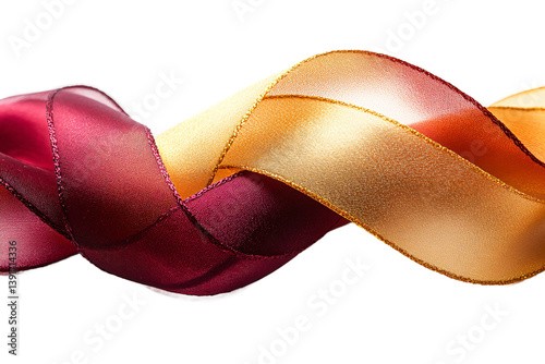 Elegant crimson and gold ribbons intersecting on transparent background, high quality decorative visual for holiday themes, gift presentation and luxury packaging