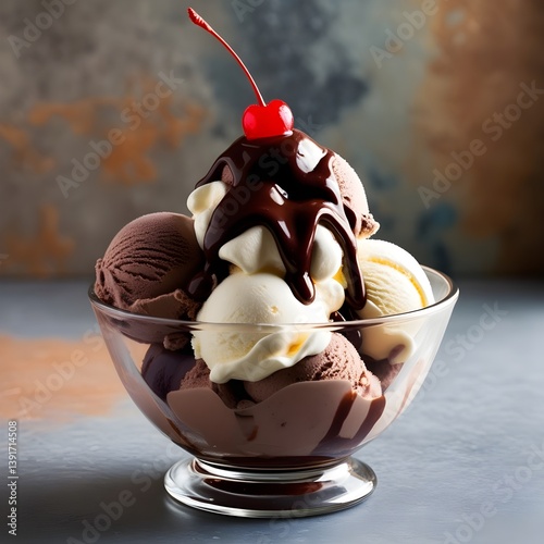 National Hot Fudge Sundae Day poster vector illustration. Vanilla ice cream sundae with whipped cream, chocolate icing and cherry on top vector. Template for background, banner, card. July 25.