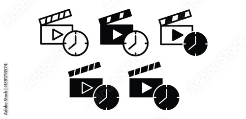 Movie Timing Icons Black and White Clapperboard and Clock Vector Design Illustrations 
