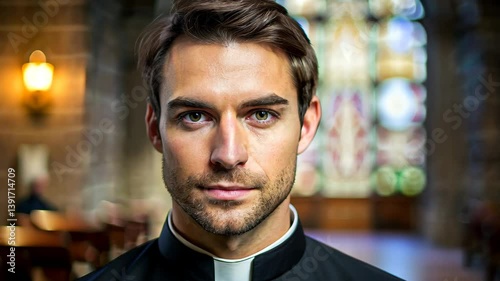Handsome young catholic priest in black clothes in the church. A concept of ministers of God and religion