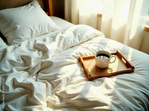 Unmade bed with white linens and a cup of coffee resting on a tray, top-down angle