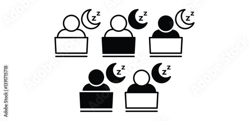 Night Shift Icons Black and White Minimalist People Working Late at Night Vector Design
