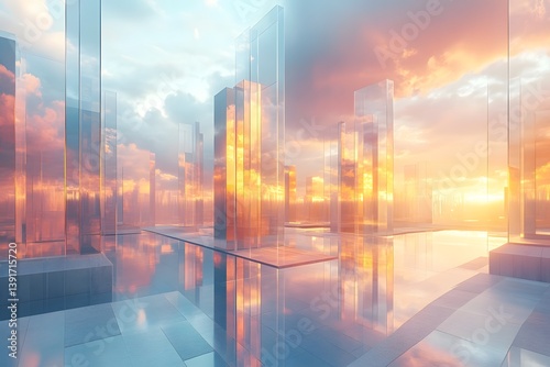 Floating glass city with gradient sky and sleek symmetry
