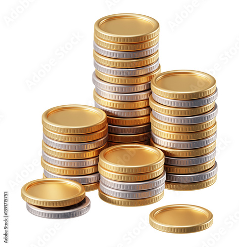 3D Coin Money Stack and Investment Finance Isolated Transparent Png Background with Financial Cash Banking and Business Currency.