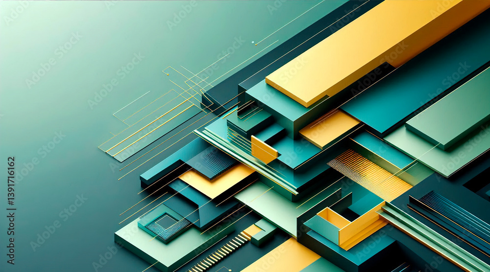 Modern abstract background in green, dark blue, and yellow. Minimalist. Color gradient. Geometric shape. Lines, stripes, triangles, angles, and 3D shadows. Futuristic design. Metallic effect. Light sh