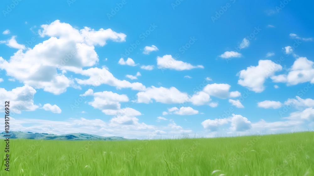 Vibrant Green Grassy Field Under a Blue Sky With Fluffy White Clouds on a Sunny Day with Clear Atmosphere Vibrant Green Grassy Field Under a Blue Sky With Fluffy White Clouds on a Sunny Day with Clear Atmosphere