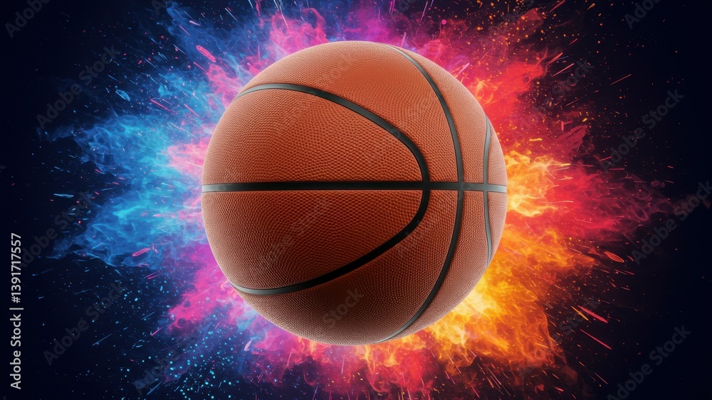 Fototapeta premium A basketball bursts forth from an explosion of color and energy.