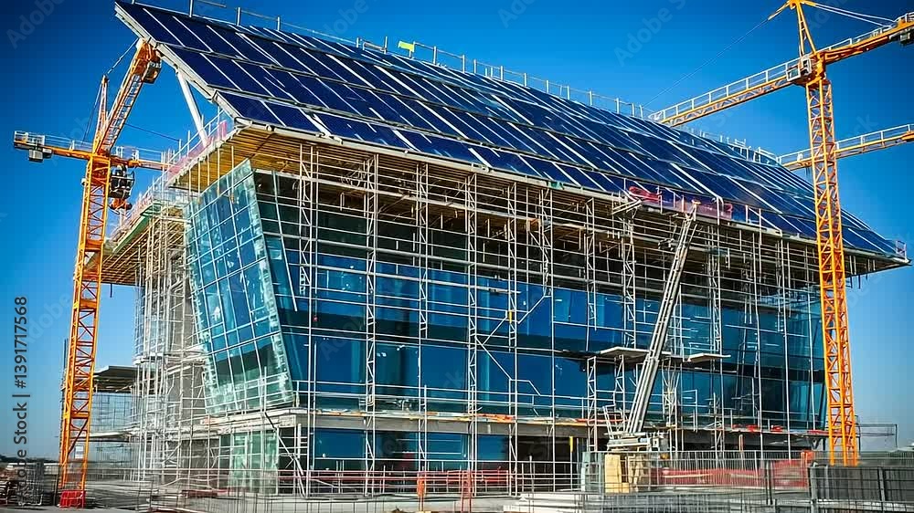 Modern construction site of a solar-powered building with cranes and scaffolding under a clear sky