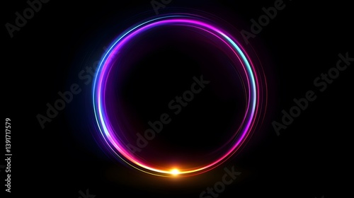 Vibrant neon circle light frame on black background.