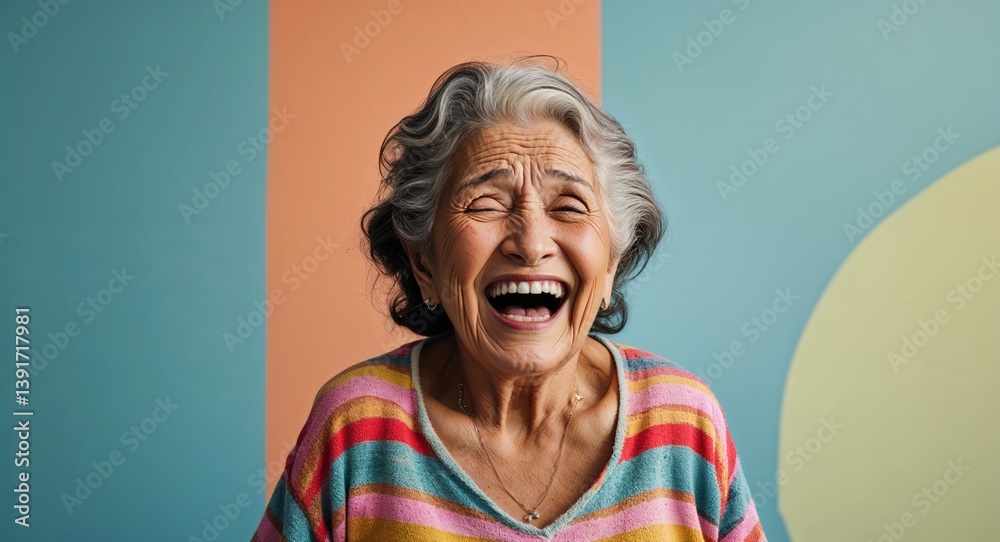 latin Hispanic elderly woman on colorful plain bright background happy laughing hysterical looking at camera portrait banner with copy space ad concept marketing