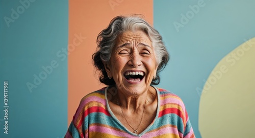 Obraz na płótnie latin Hispanic elderly woman on colorful plain bright background happy laughing hysterical looking at camera portrait banner with copy space ad concept marketing w salonie